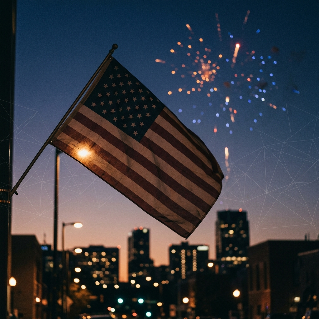 American flag with fireworks over city skyline