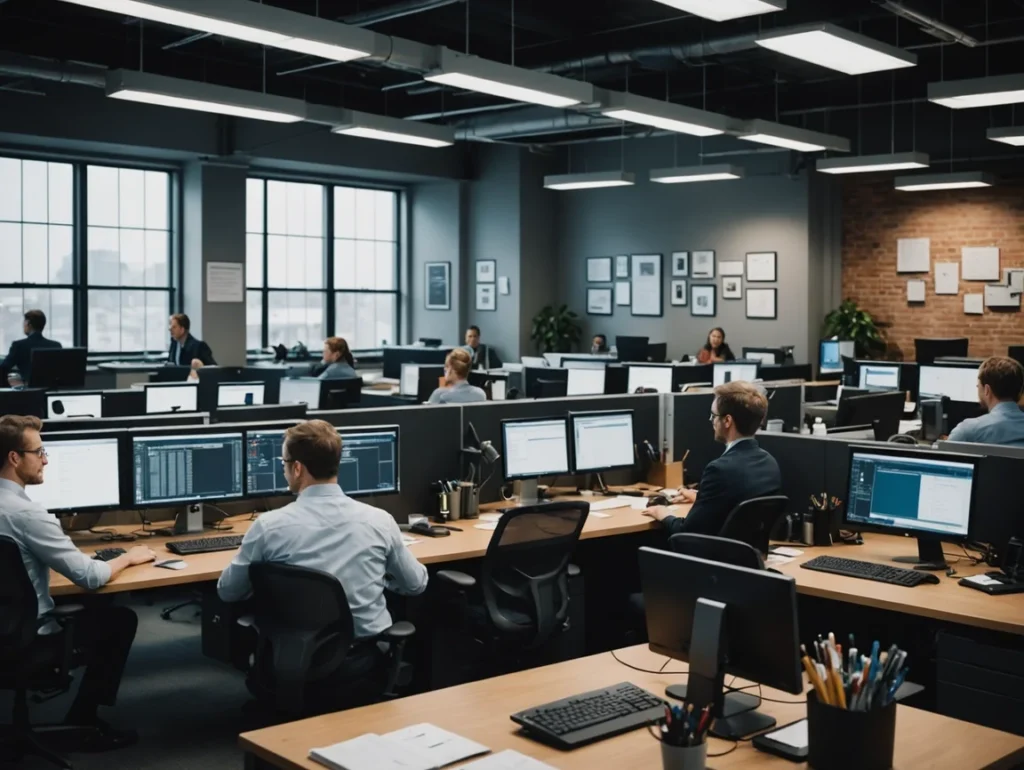 Employees working at computer stations in a modern open office