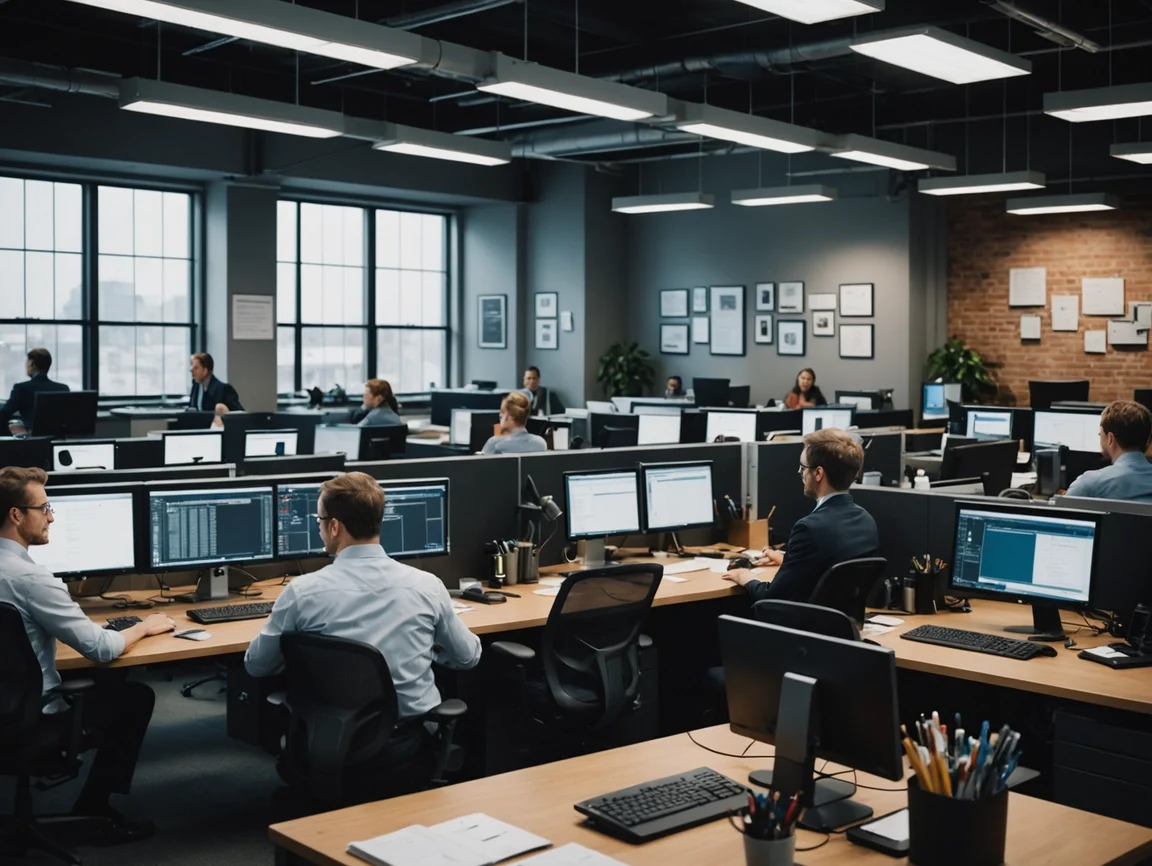 Employees working at computer stations in a modern open office