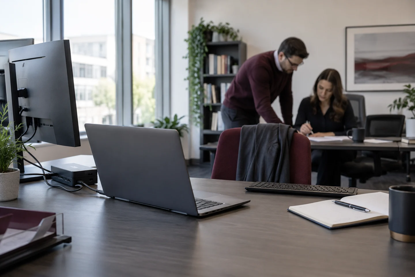 Laptop workstation with colleagues collaborating in a modern office