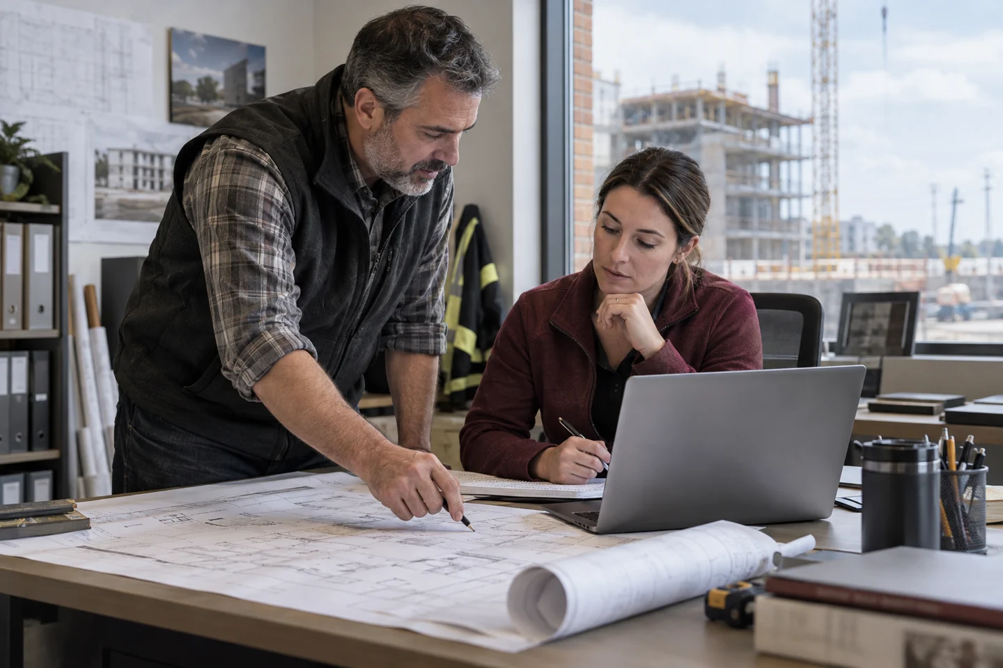 Architects review blueprints beside a construction site.