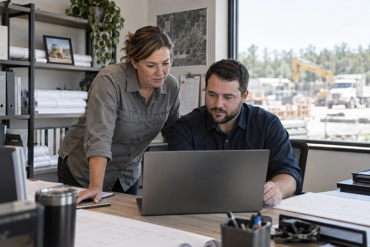 Illustrative construction office team reviewing business systems on a laptop.