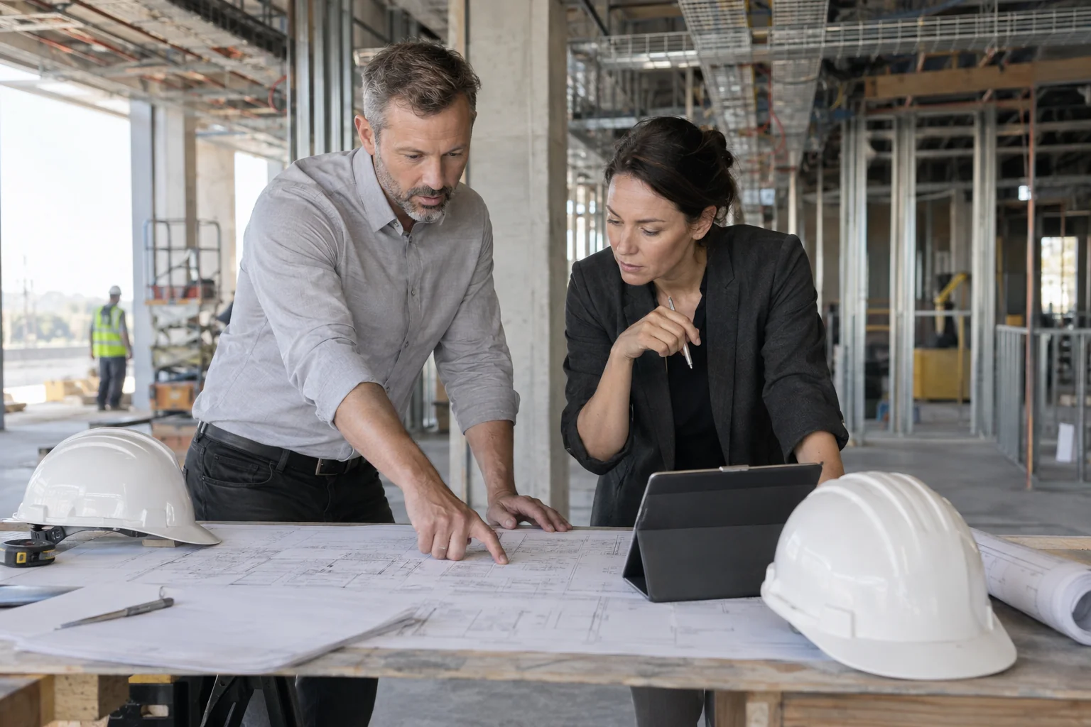 Illustrative construction professionals reviewing building plans and a tablet on site.