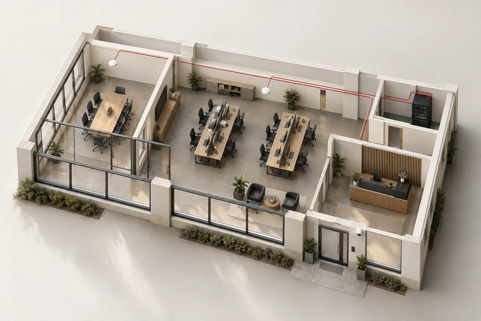 Illustrative architectural cutaway of a commercial workplace, showing work areas, a meeting room, reception, and connected network equipment.