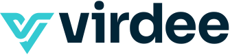 Virdee logo with turquoise geometric V and navy lettering