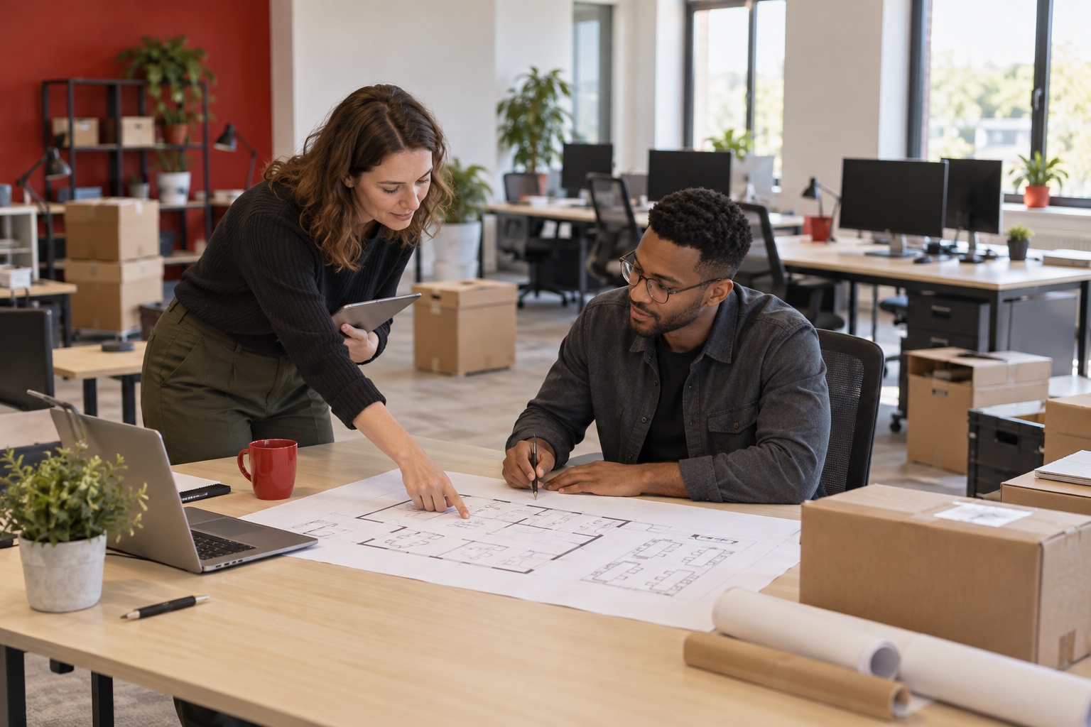 Two professionals review a floor plan while preparing a new office with computers and equipment.