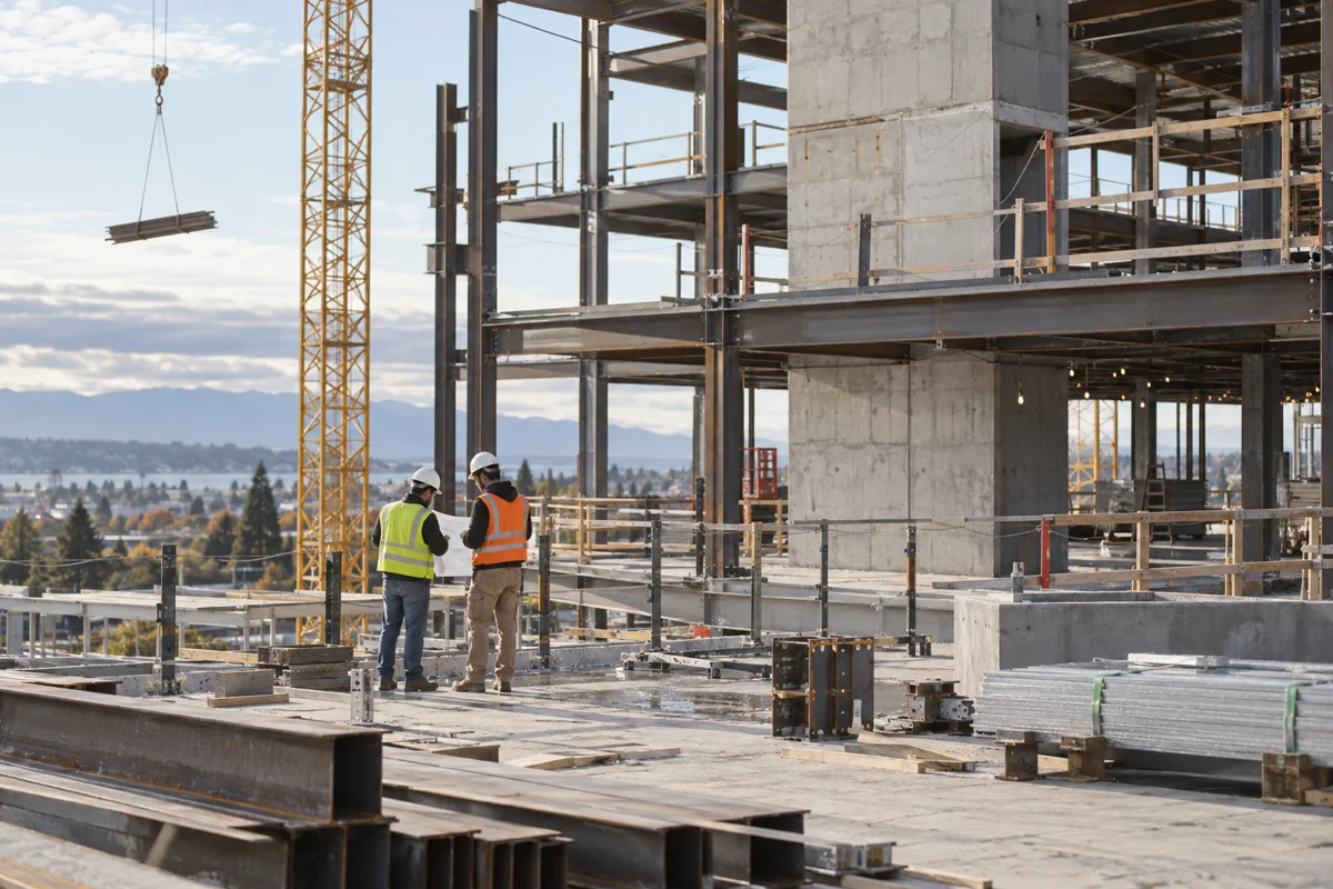 Construction workers inspect steel-frame building site beside crane