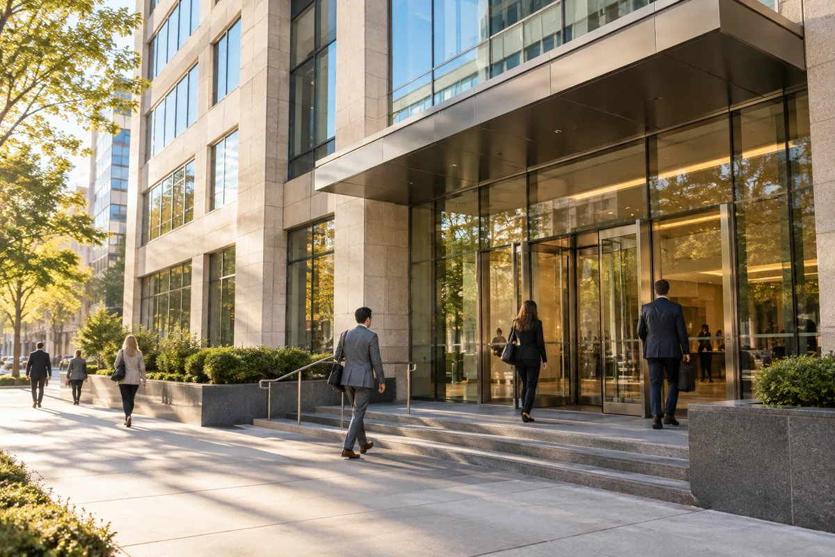 Professionals enter a modern glass office building