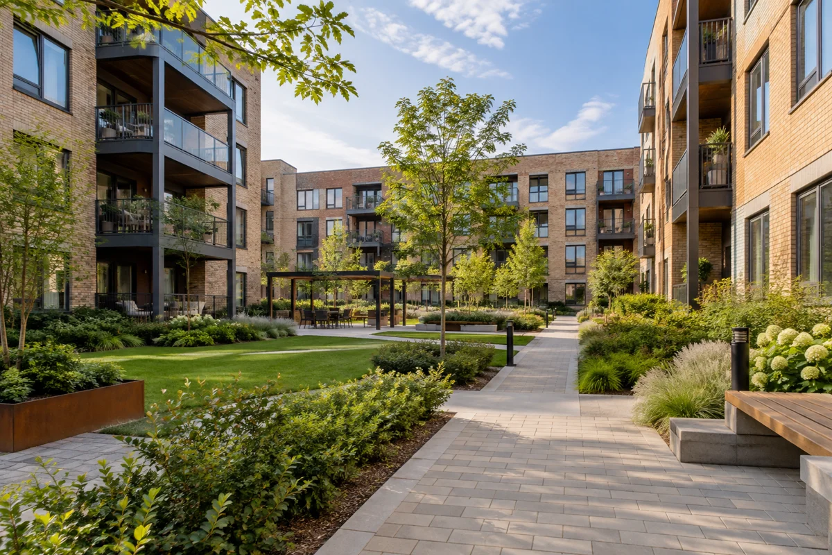 Landscaped courtyard between modern brick apartment buildings