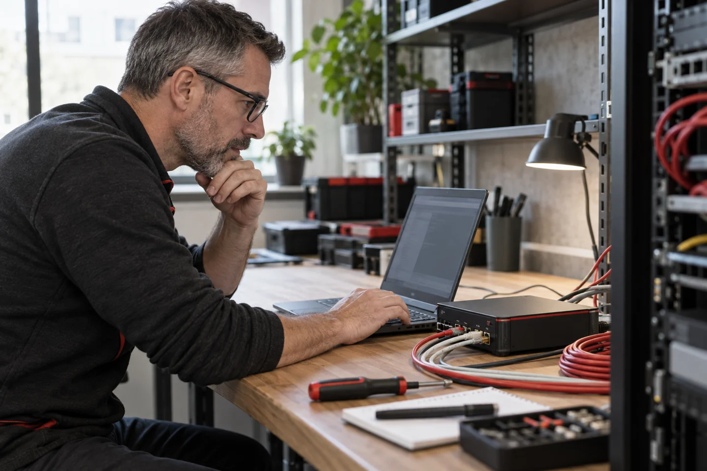 Technician configuring network equipment with laptop and cables