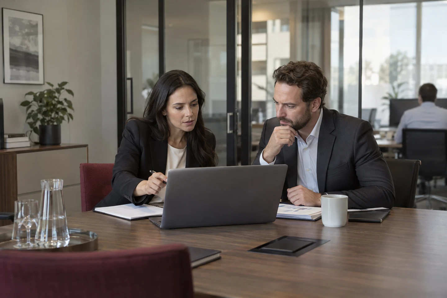 Two business professionals review documents on a laptop