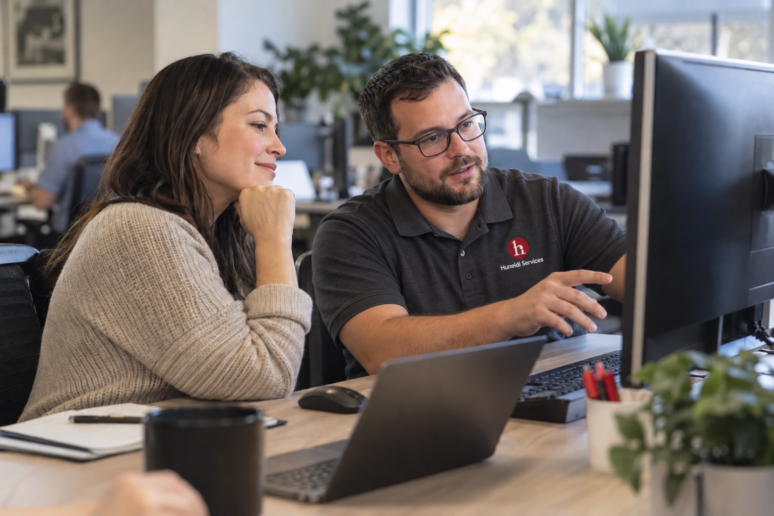 IT support professional in a Huneidi Services polo helps an employee at her workstation