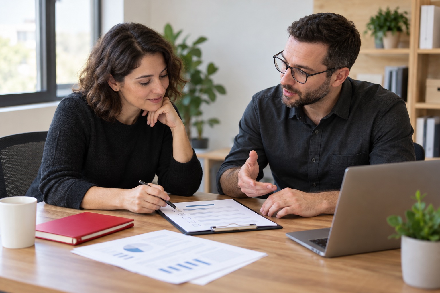 An IT consultant and business manager review a service checklist beside a laptop.