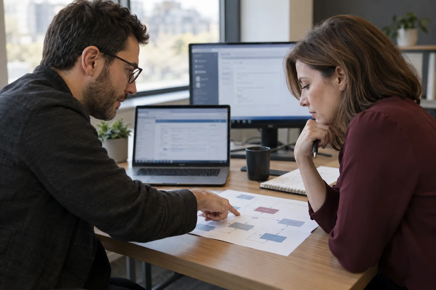 Two coworkers reviewing a workflow diagram at a desk