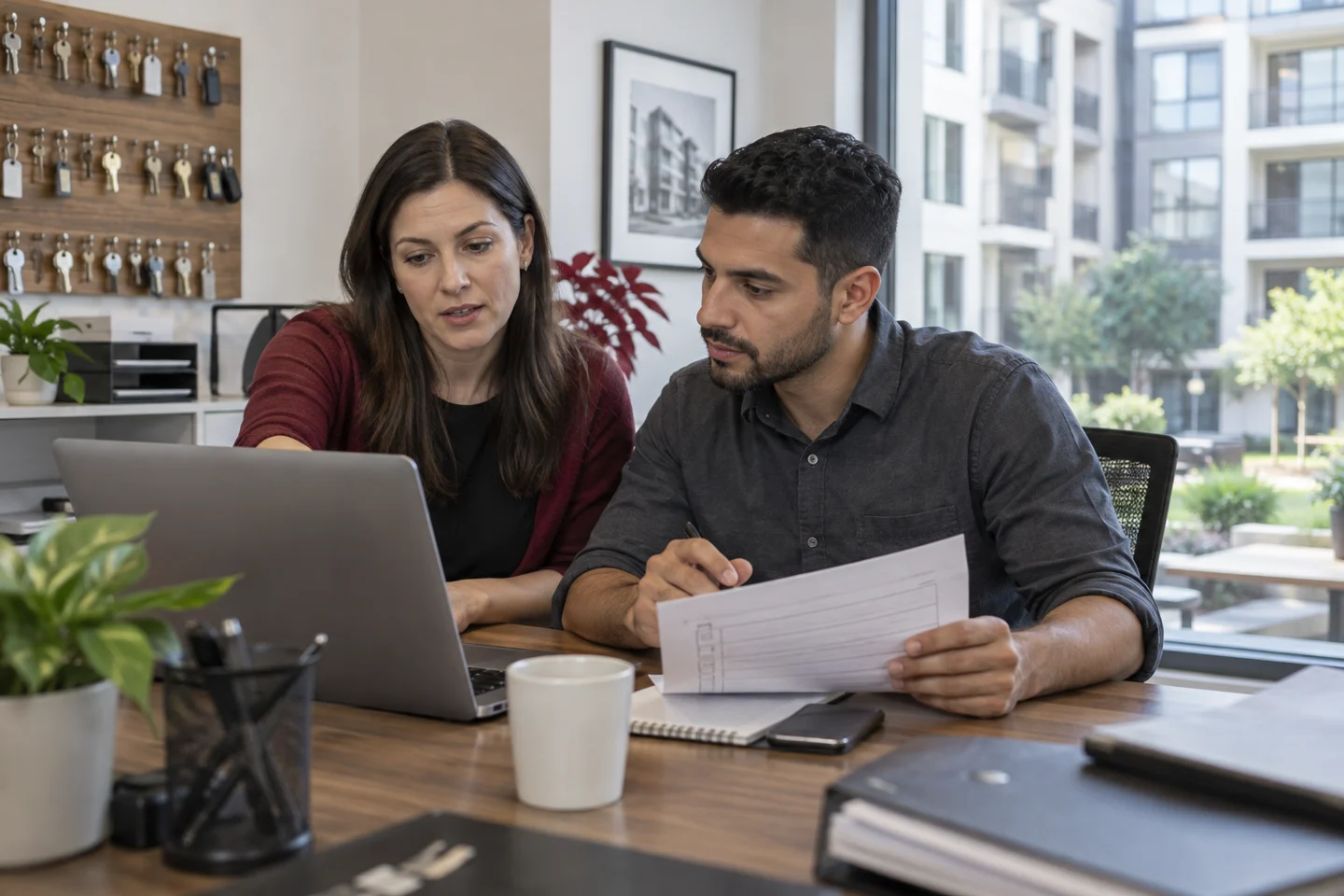 Real estate agent reviewing paperwork with client at laptop