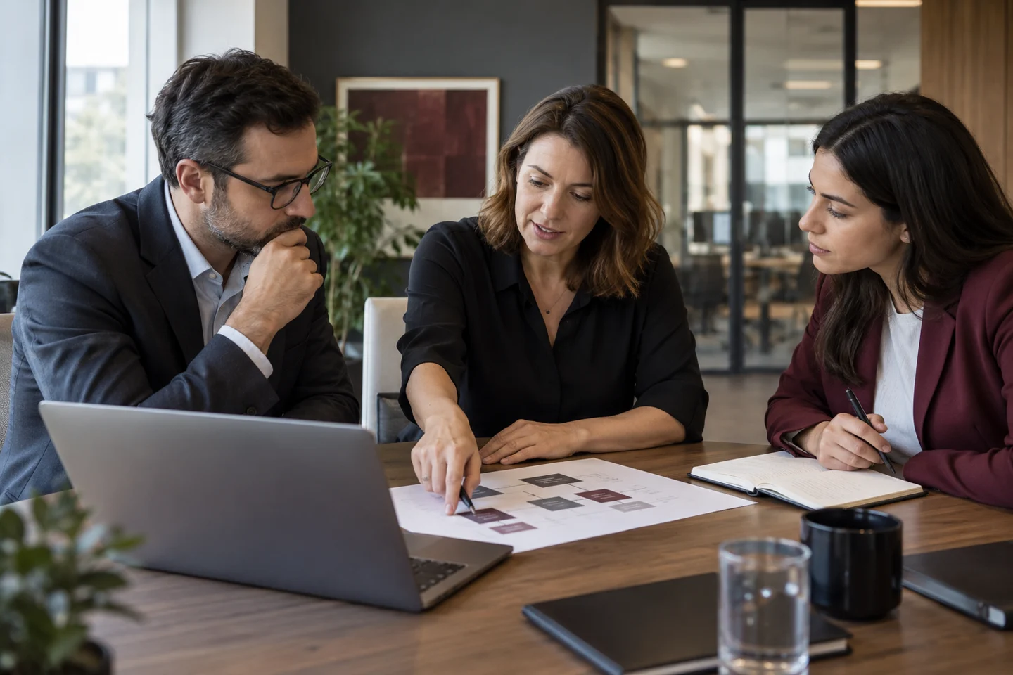 Three colleagues review a workflow chart in an office