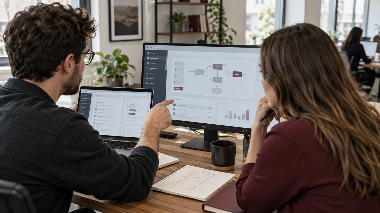 Two coworkers reviewing workflow diagrams on a desktop monitor