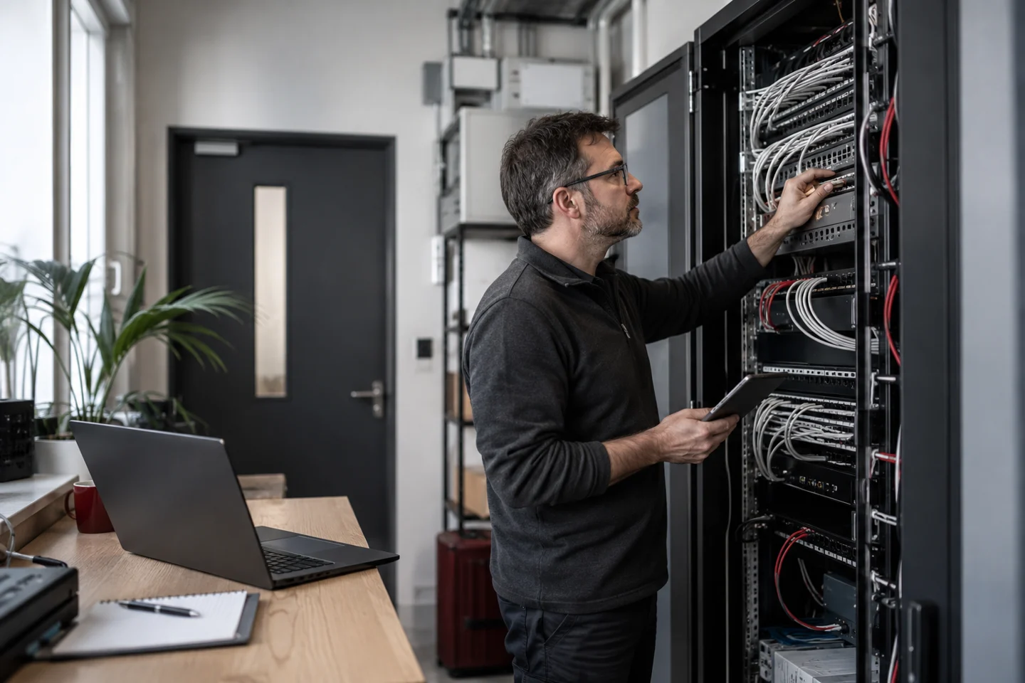 IT technician servicing network server rack with tablet