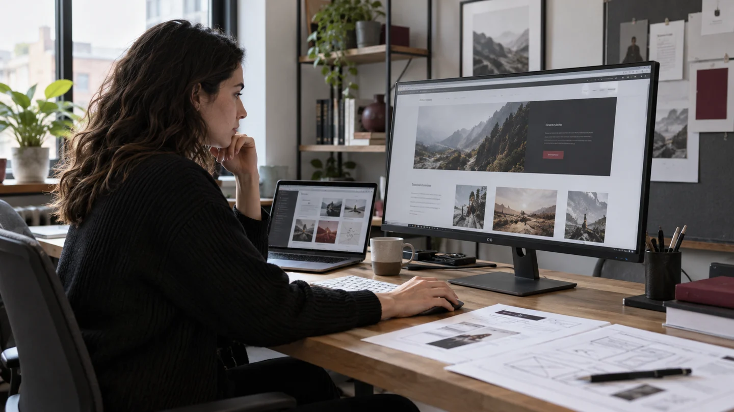 Designer creating a mountain travel website at her desk