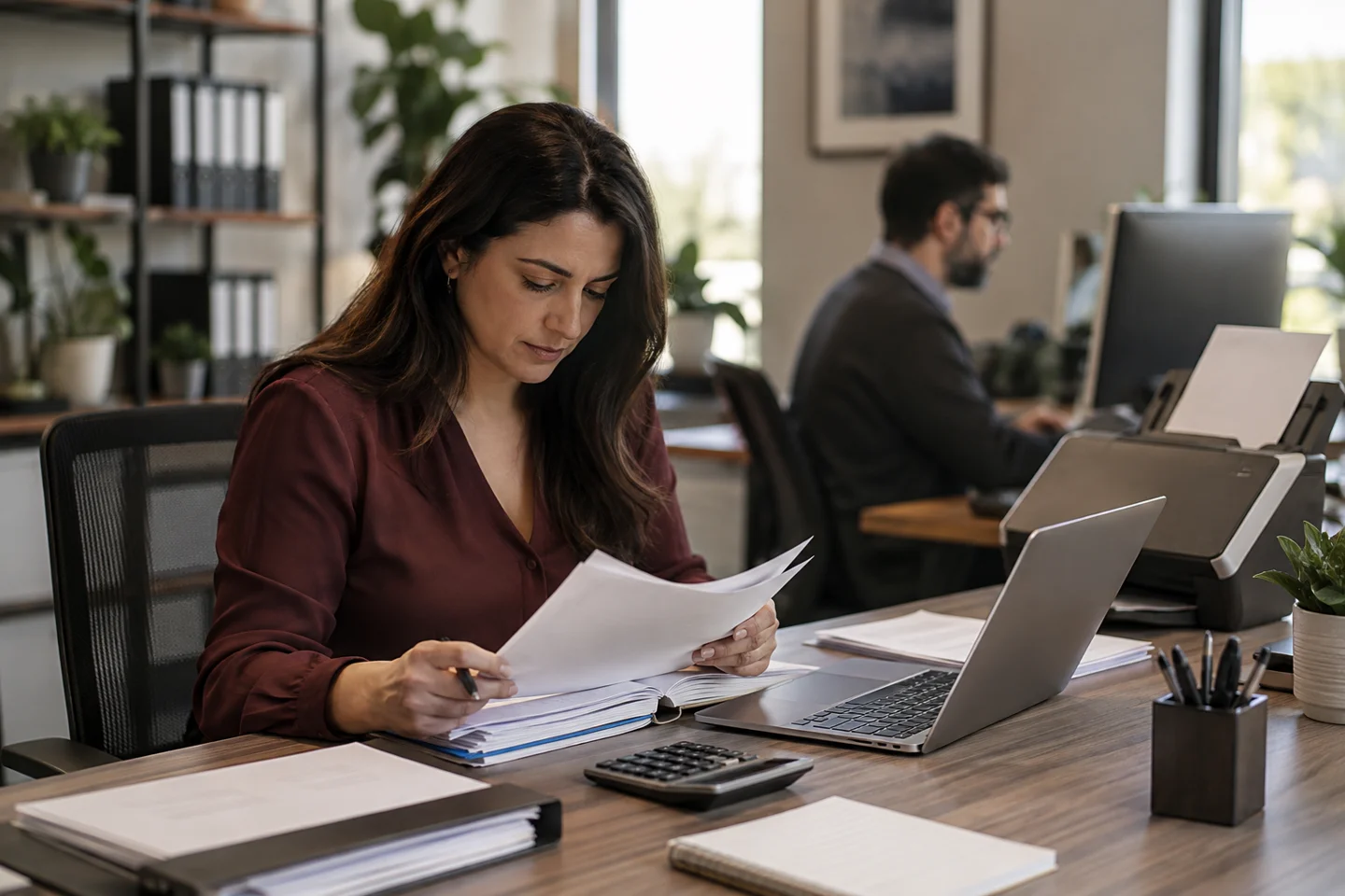 Office worker reviewing documents beside laptop and printer