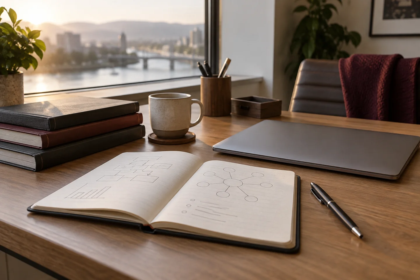 Sunlit desk with laptop, notebook, coffee, and city view