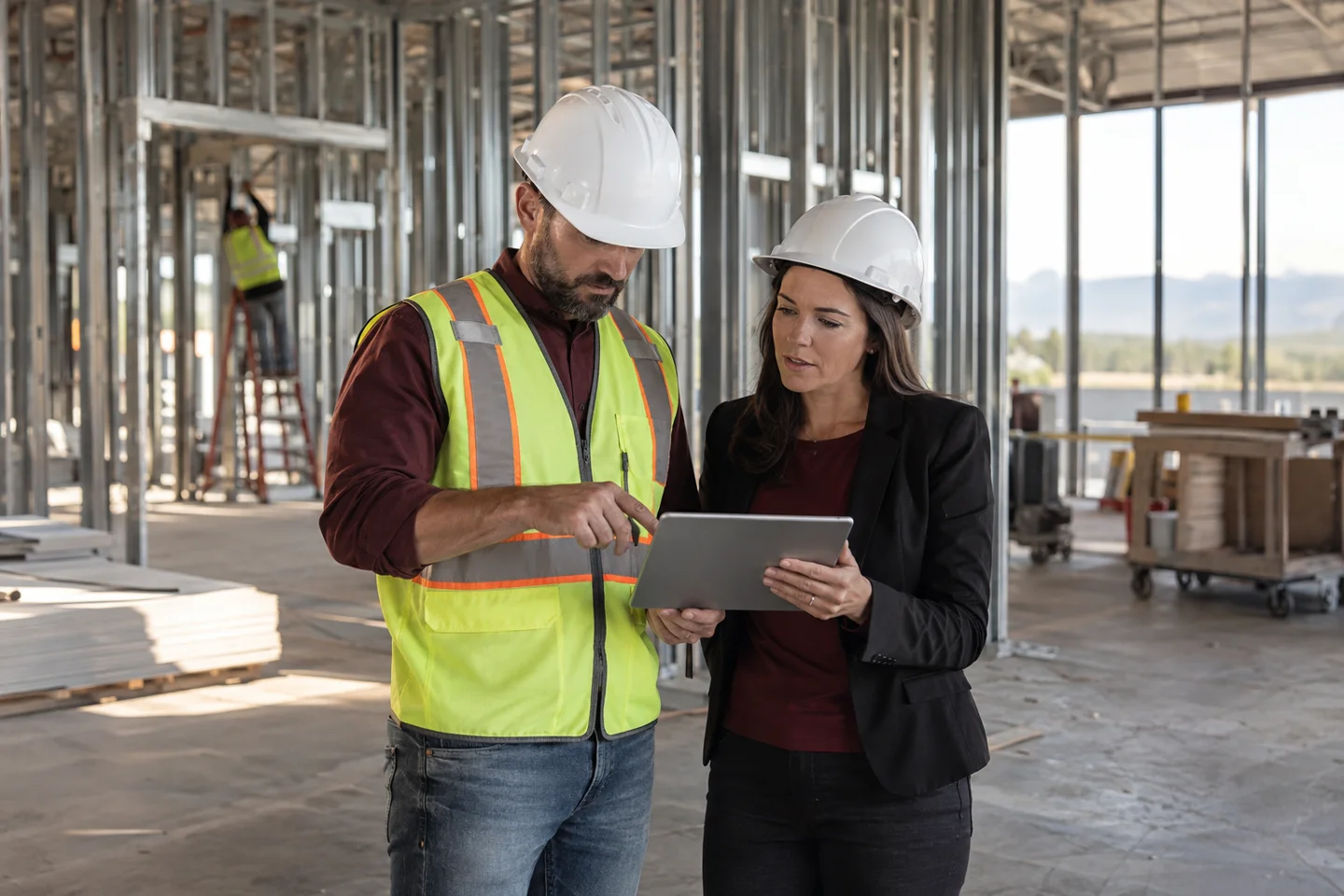 Construction workers review tablet at unfinished building site