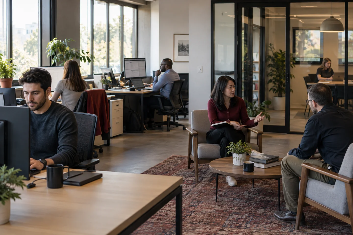 Coworkers working and meeting in a modern office