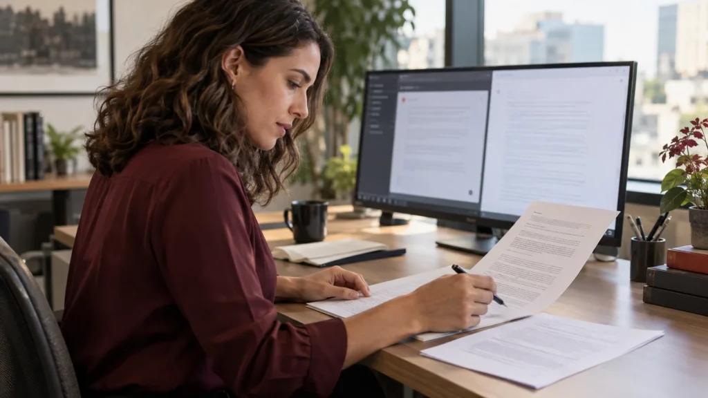 Woman reviewing and signing documents at office desk