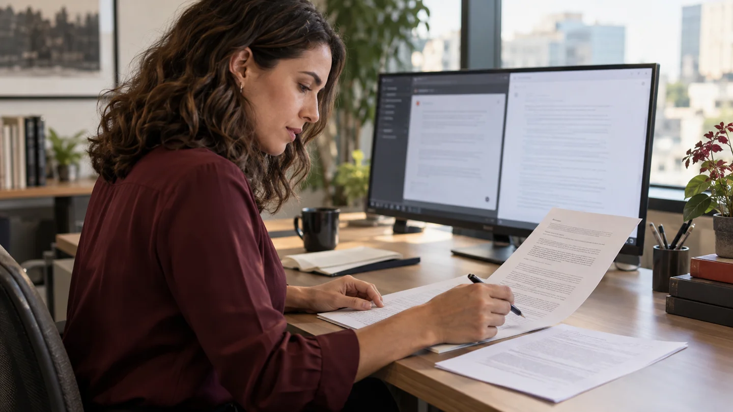 Woman reviewing and signing documents at office desk