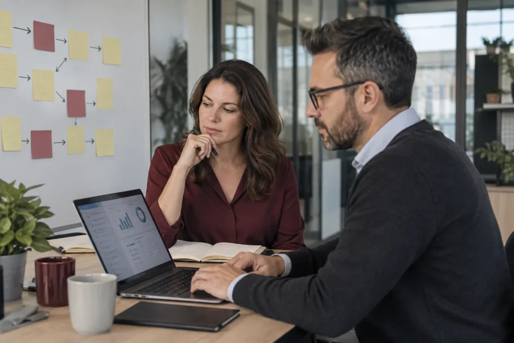 Two coworkers review analytics beside a sticky-note workflow board.