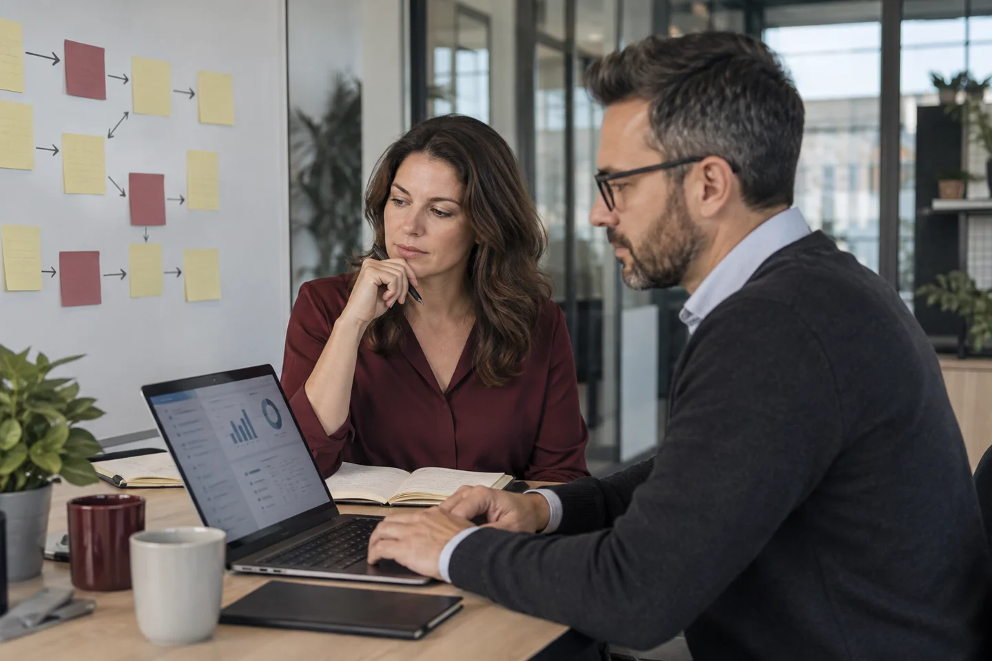 Two coworkers review analytics beside a sticky-note workflow board.