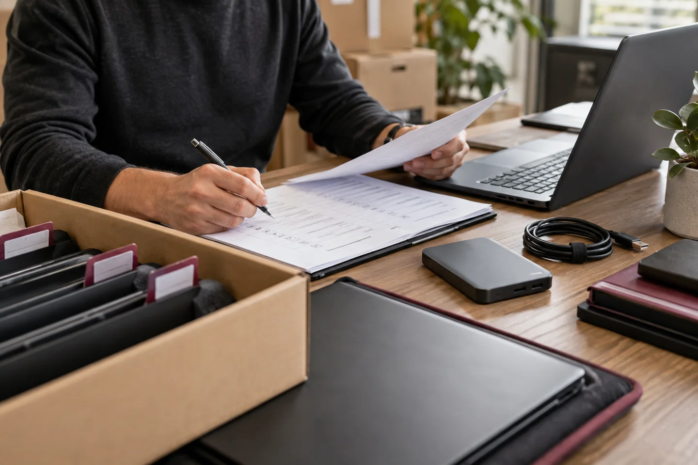 Person completing paperwork beside laptop and packed electronics