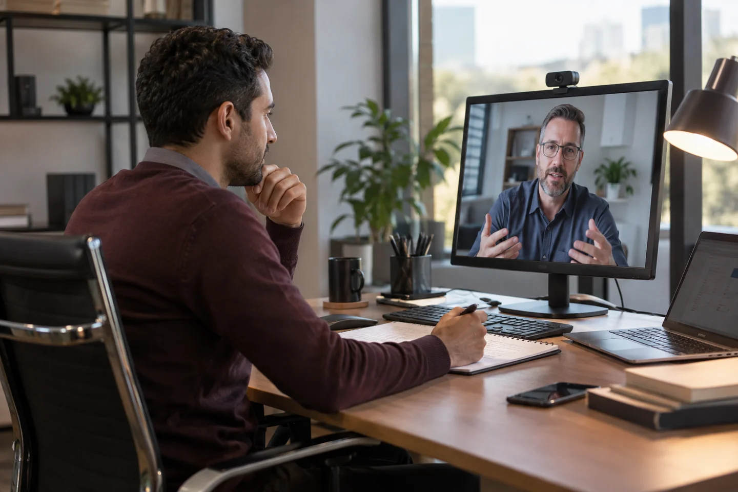 Man taking notes during a video conference call