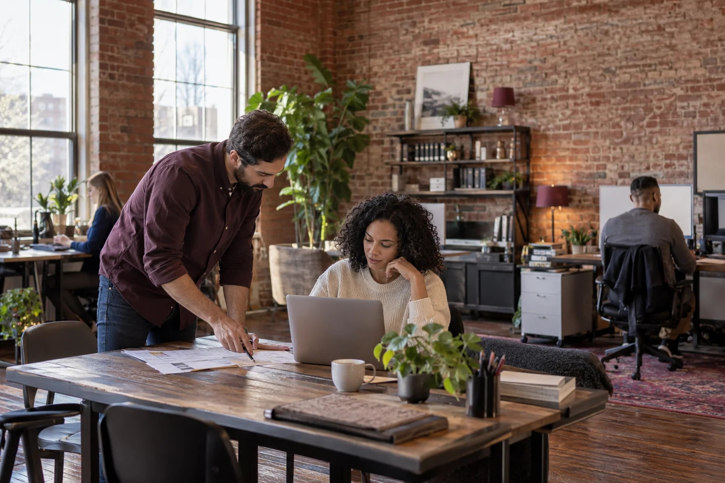 Coworkers reviewing plans beside laptop in brick office