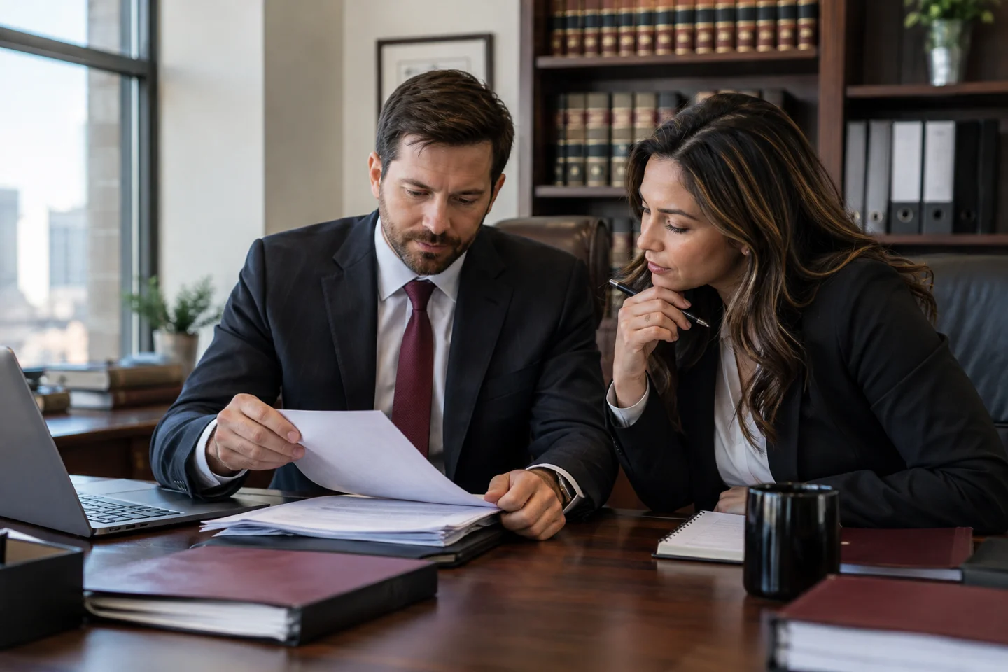 Two attorneys reviewing documents at an office desk