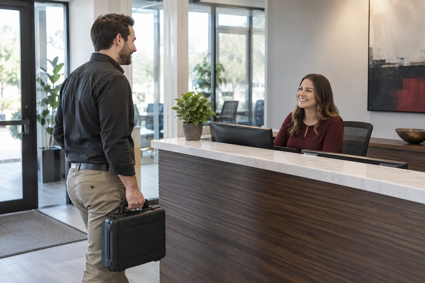 Businessman with briefcase checks in at office reception desk