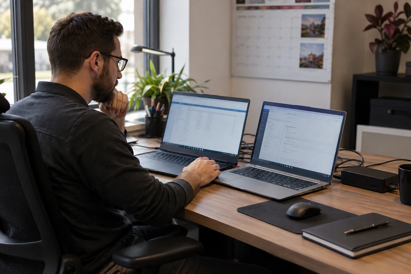 Man working on two laptops at an office desk