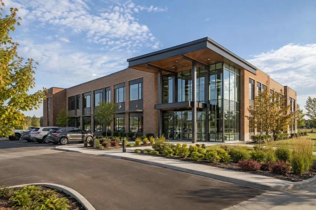 Modern brick office building with glass entrance and parking