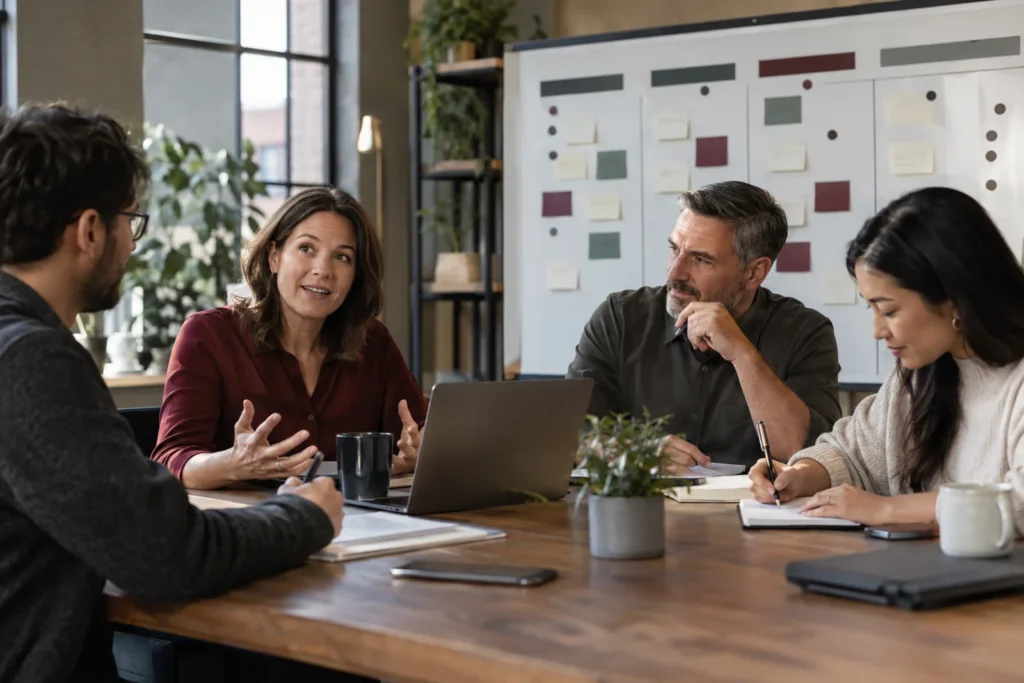 Four coworkers discuss ideas around a conference table