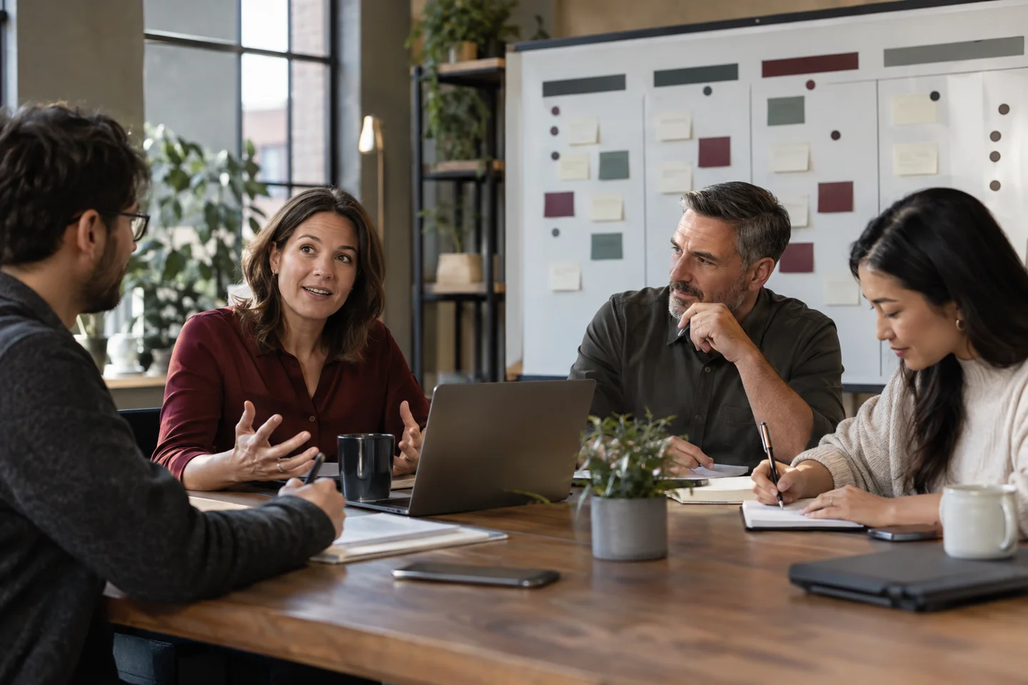 Four coworkers discuss ideas around a conference table