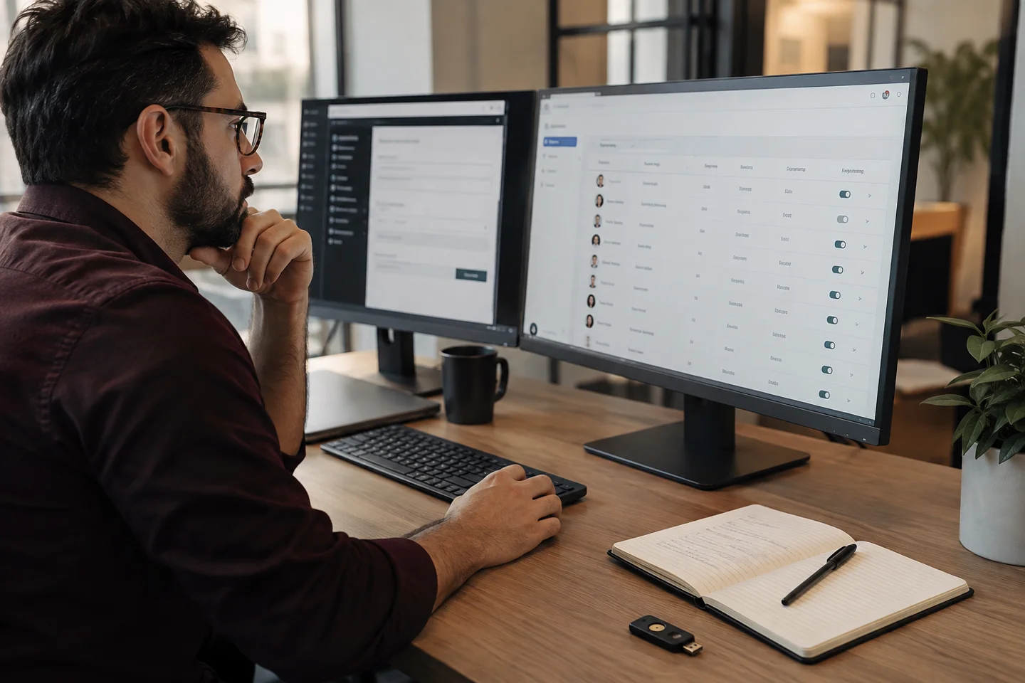 Man reviews user management dashboard on dual monitors