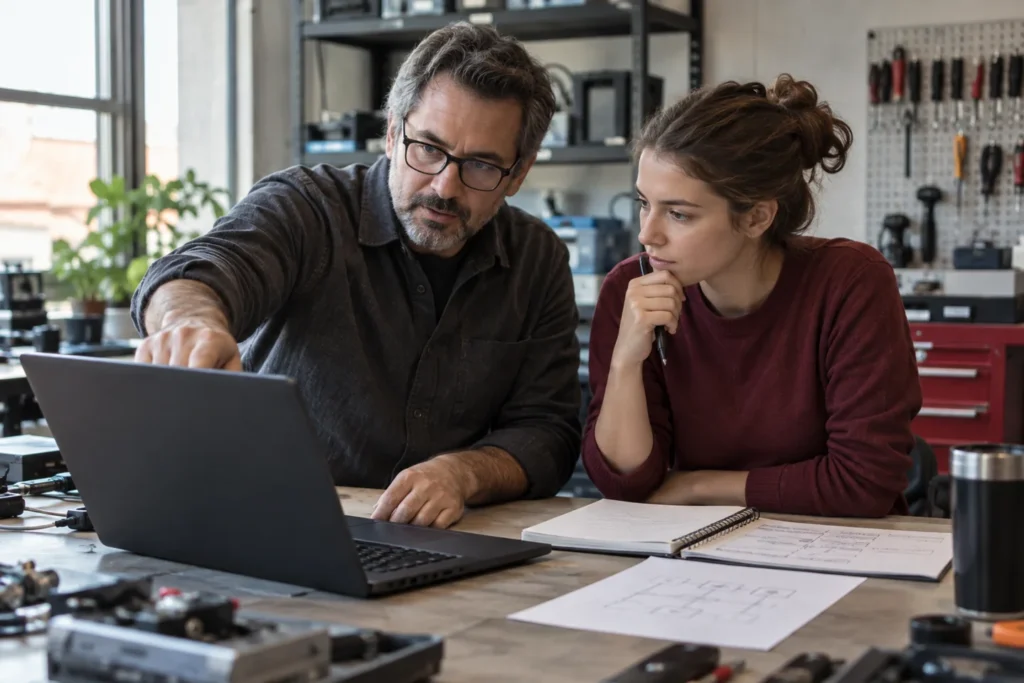 Mentor and student reviewing laptop in workshop