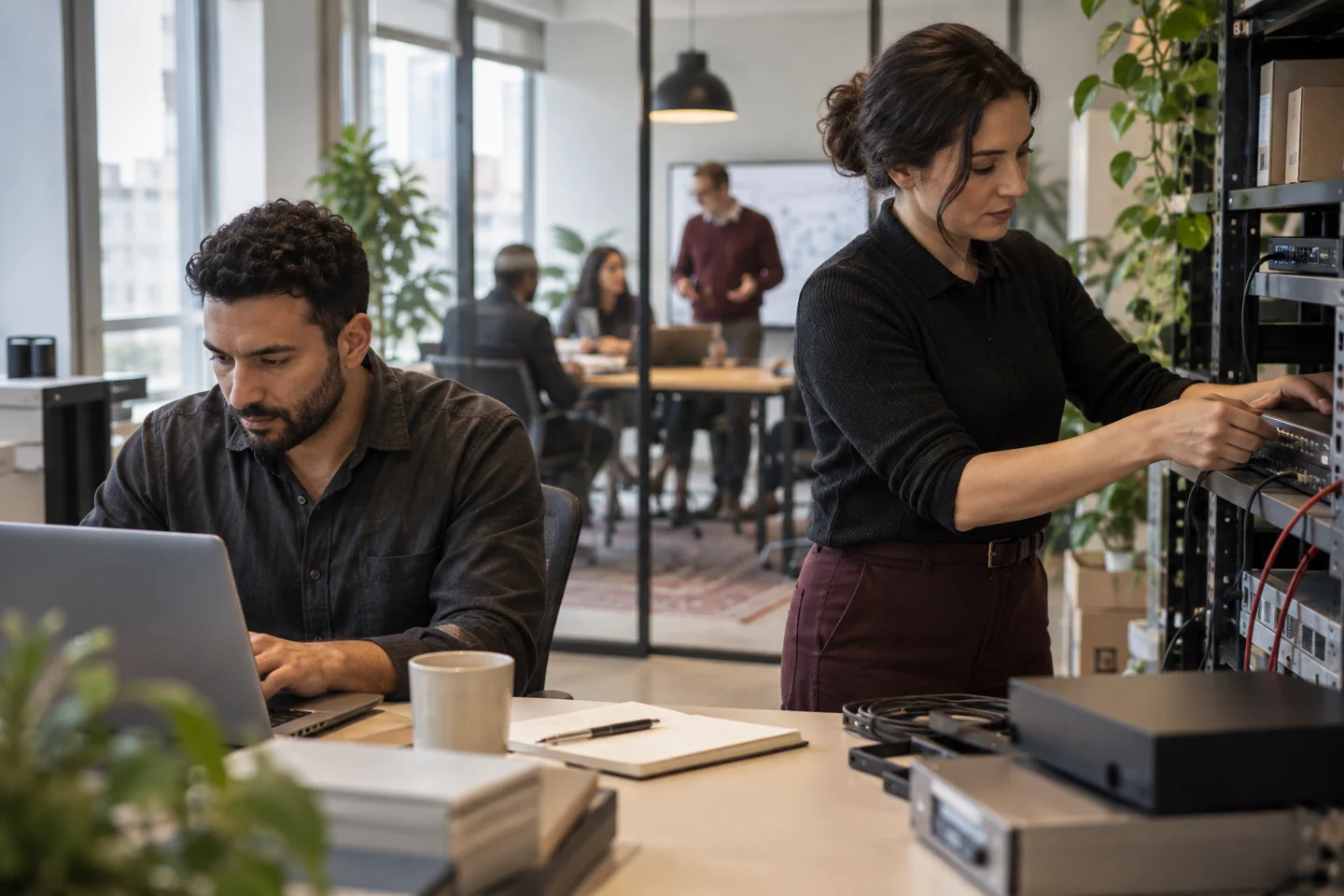 IT professionals configure server equipment in a modern office