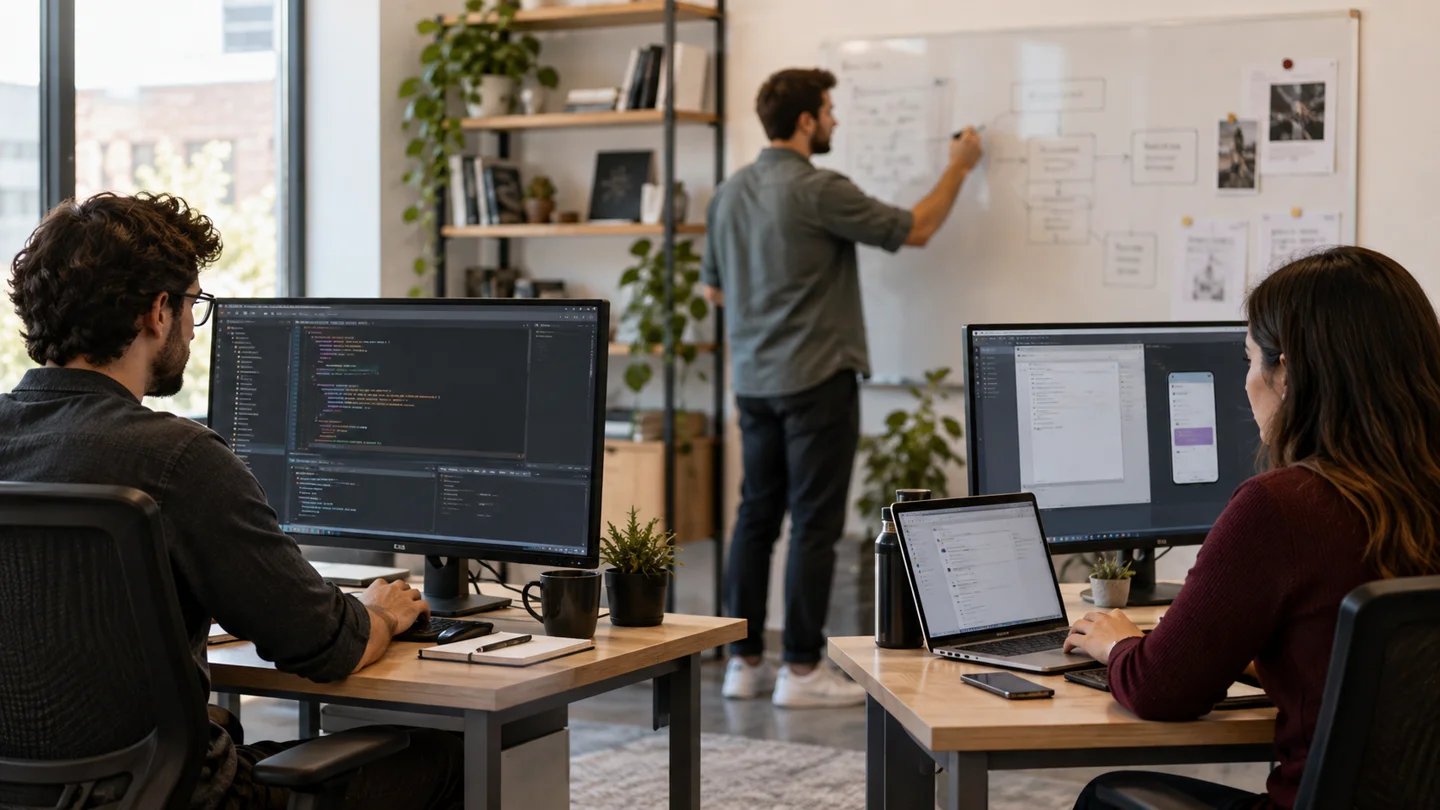 Software developers collaborating in a modern office workspace