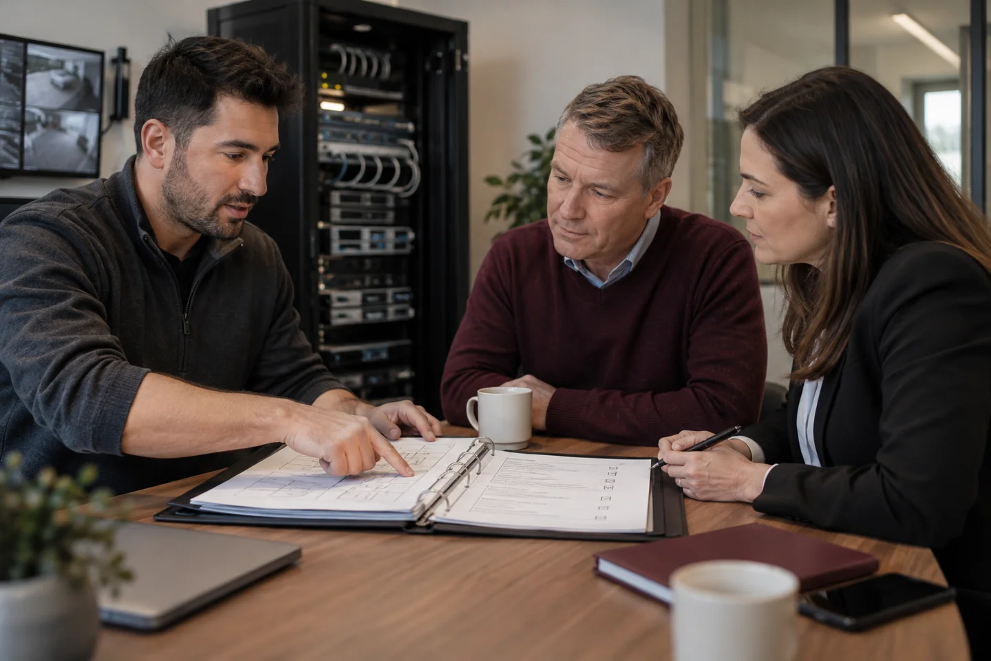 Three professionals review technical plans beside a server rack.