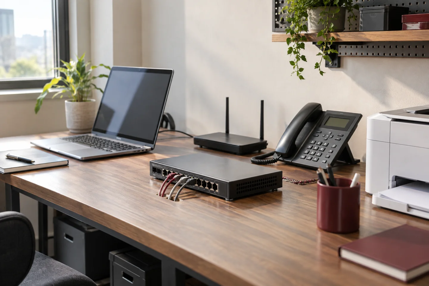 Office desk with laptop, network switch, phone, and printer