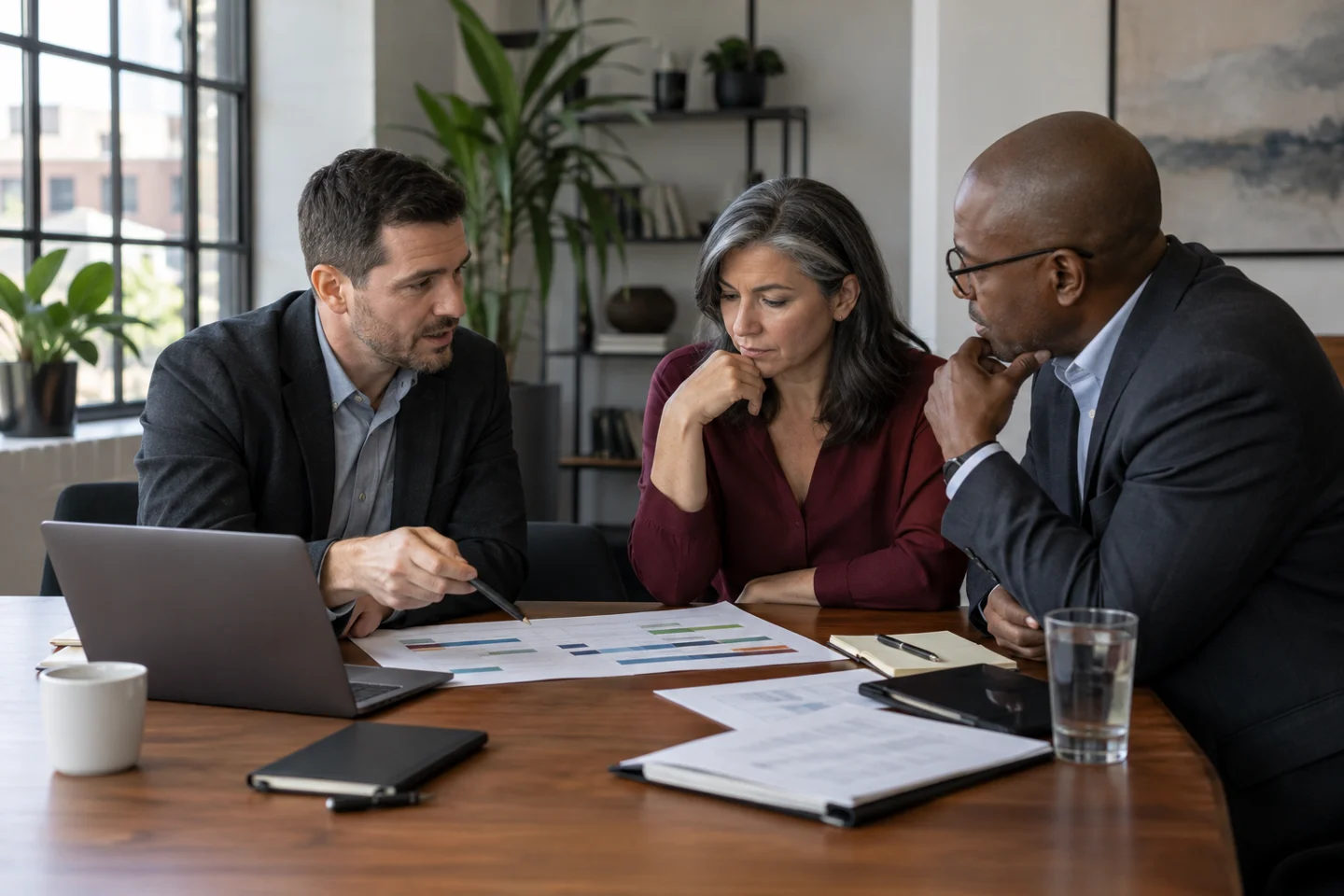 Three professionals reviewing financial charts at a conference table