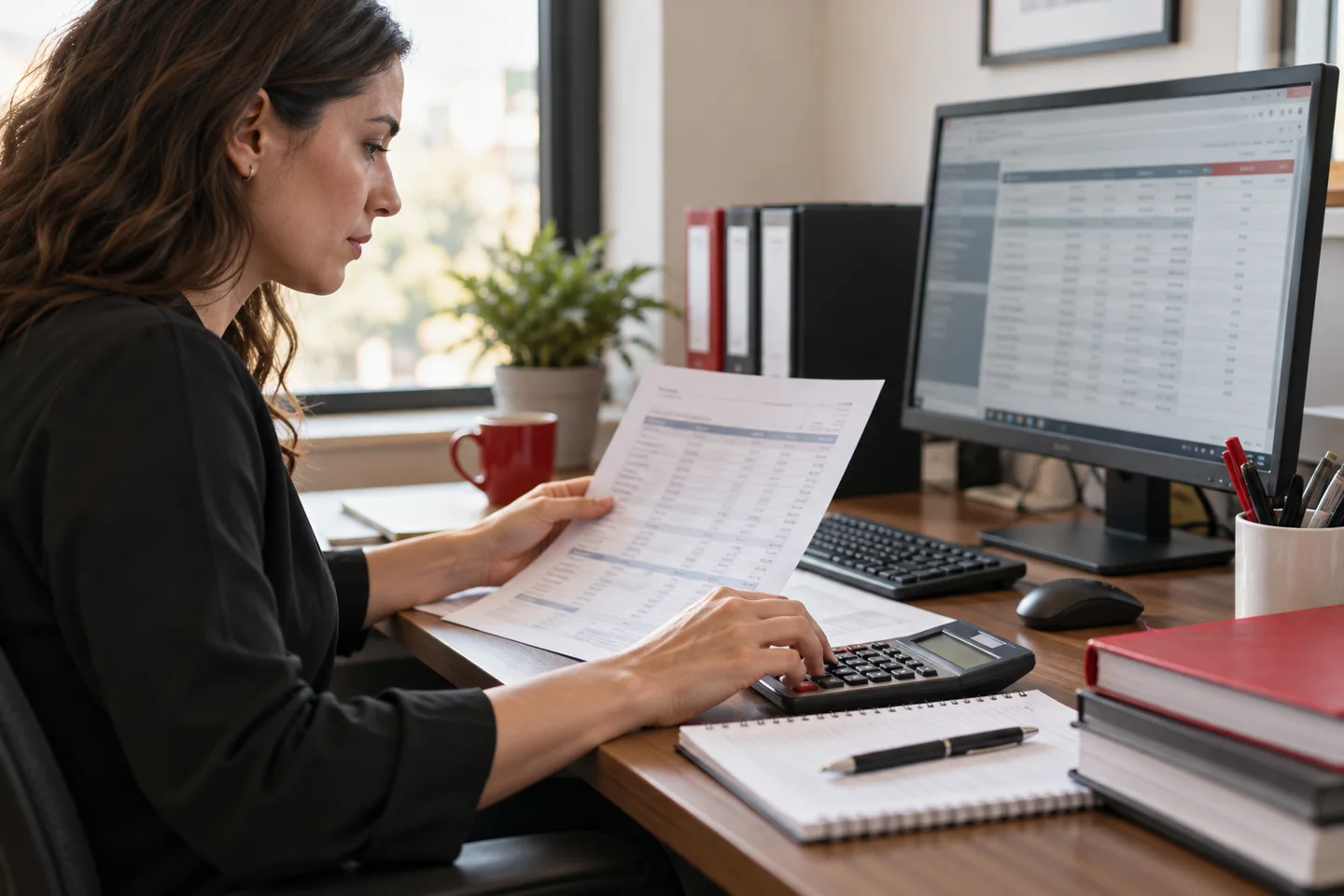 Woman reviewing financial documents and using calculator at office desk