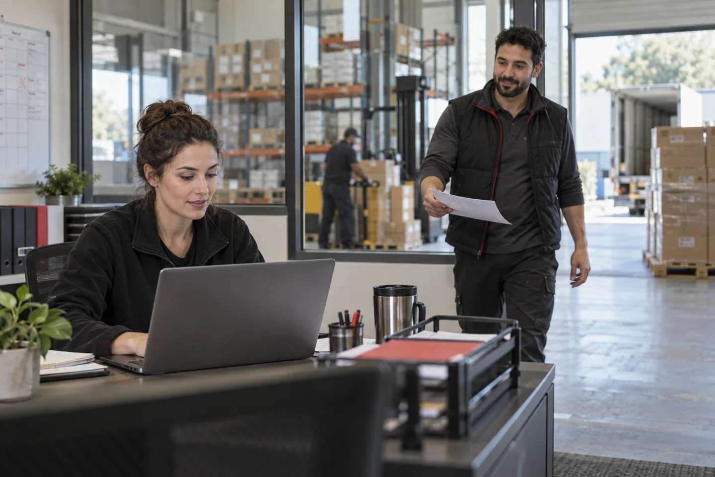Warehouse workers coordinating paperwork at an office desk