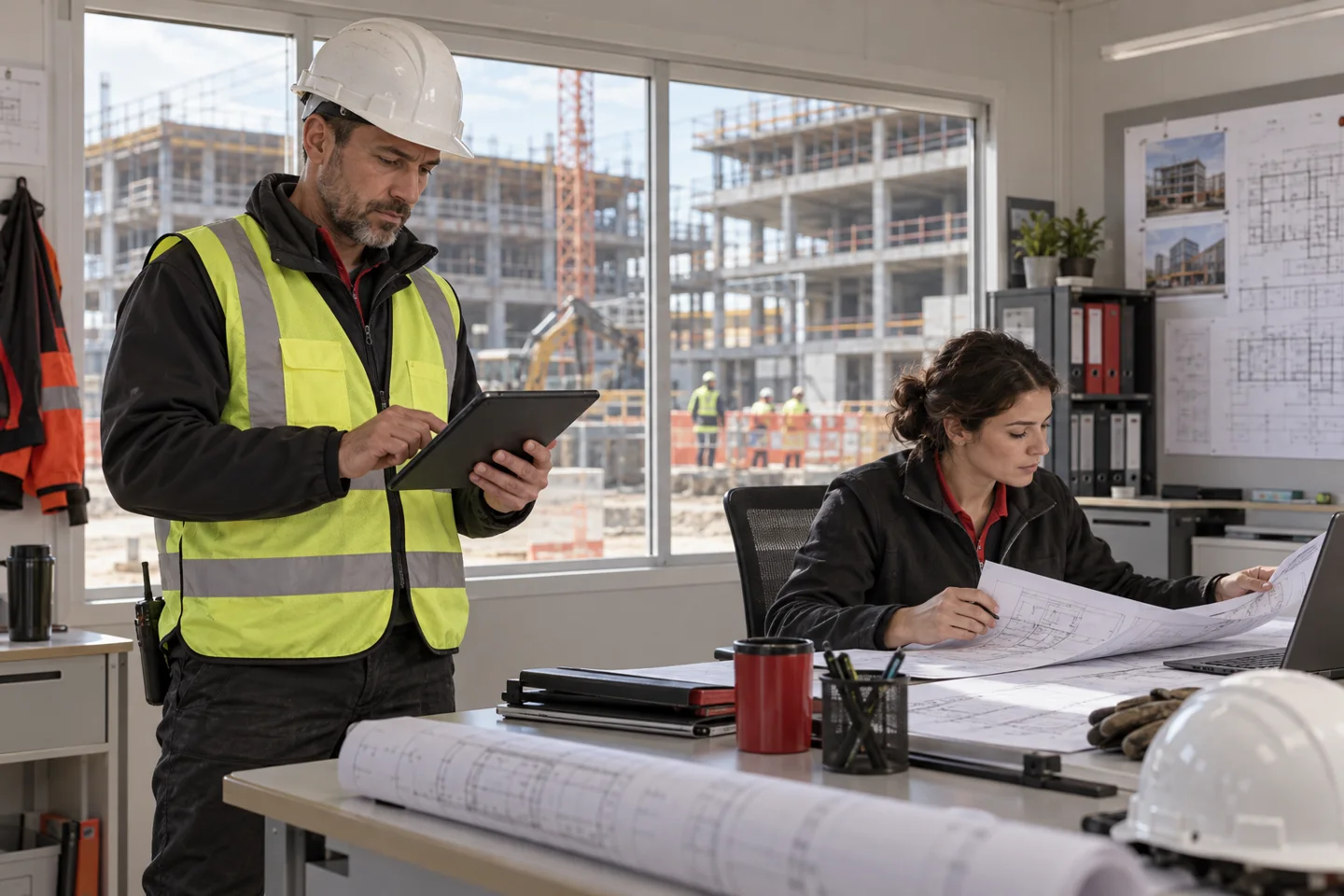 Construction managers review plans in a site office